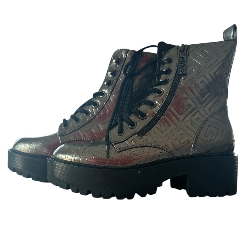 GUESS Fearne 5.5M Combat Boot Silver Metallic Logo Lug Sole Platform